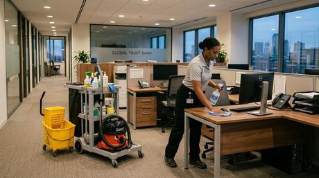 Cleaner disinfecting workstation desk in bank office area, Lakeville, MN