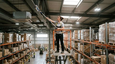 Cleaner dusting overhead beams in high bay warehouse area, Lakeville, MN