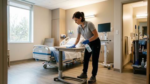 Cleaner sanitizing hospital patient room bedside table, Lakeville, MN