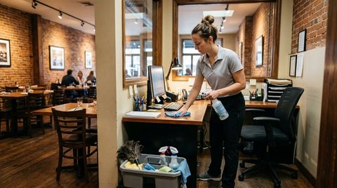 Cleaner wiping down restaurant office workspace, Lakeville, MN