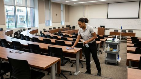 Janitor wiping classroom desks in university lecture hall, Lakeville, MN