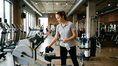 Worker disinfecting rowing machine equipment in fitness center, Lakeville, MN