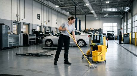 Worker mopping concrete floor in vehicle service bay area, Lakeville, MN