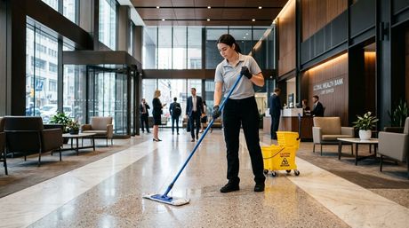 Worker mopping tile floor in bank lobby reception area, Lakeville, MN