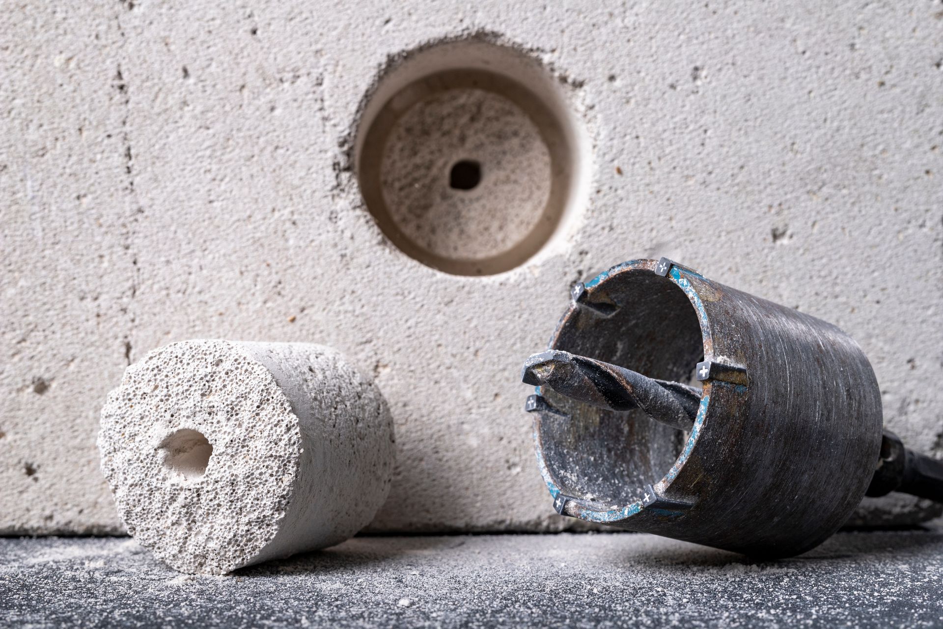 A cement mixer and a cement grinder are displayed side-by-side next to a drilled wall. A cement mixer and a cement grinder are displayed side-by-side next to a drilled wall.