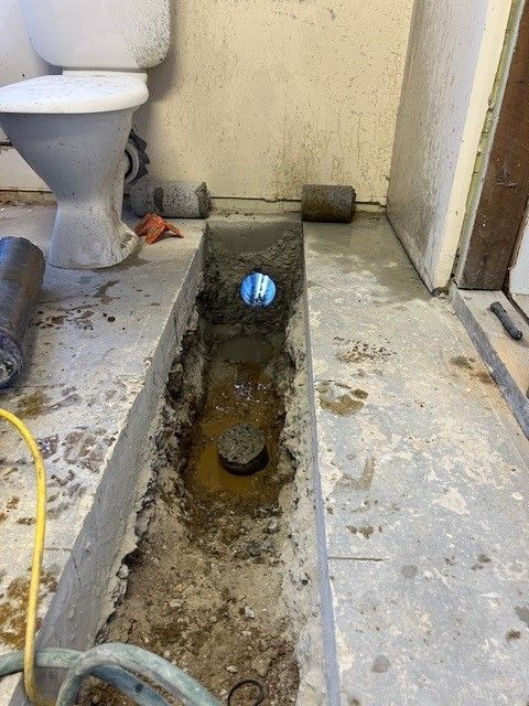 A bathroom with a toilet and a hole in the floor.