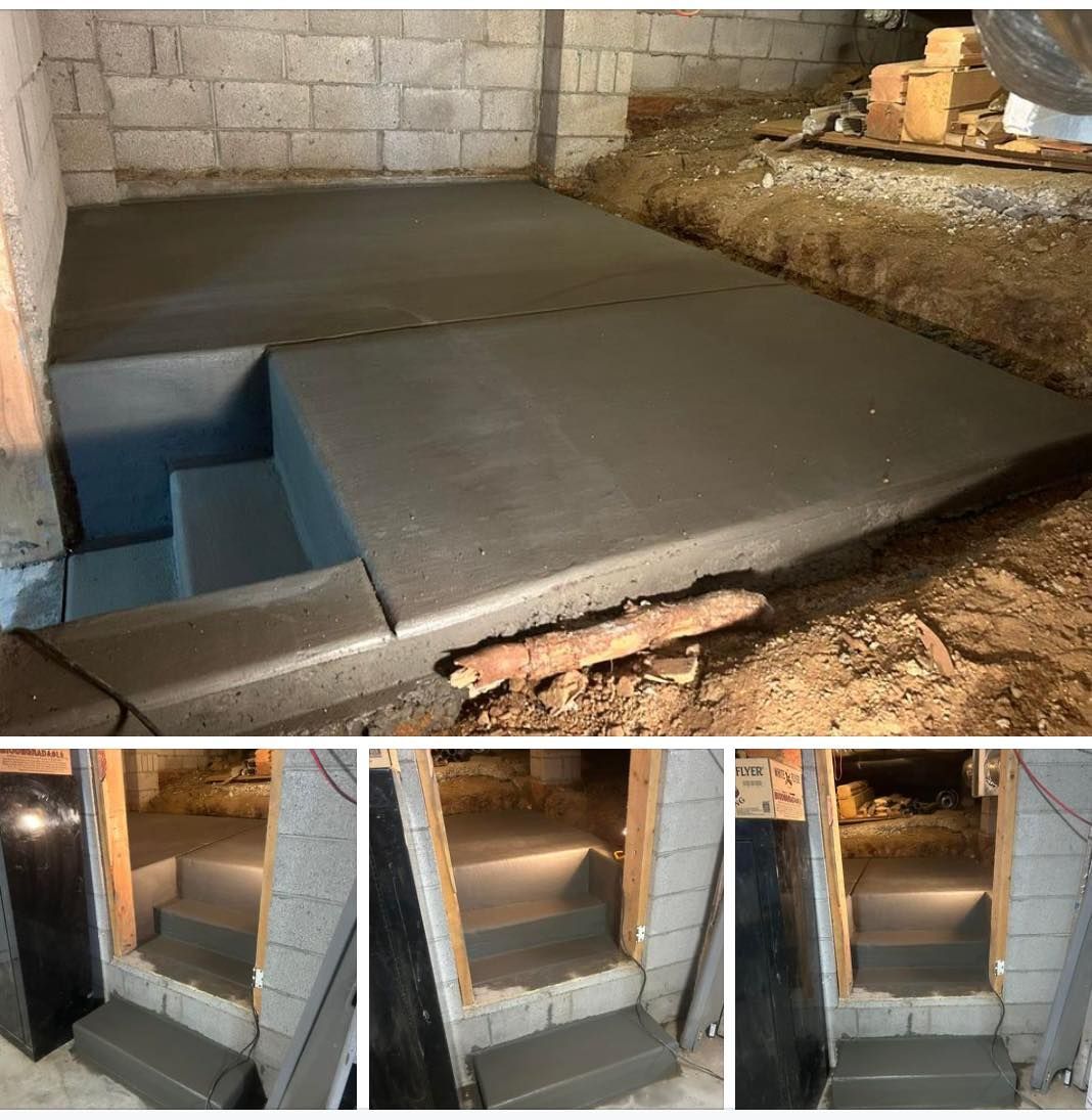 Newly poured concrete floor and steps in a basement, gray color.