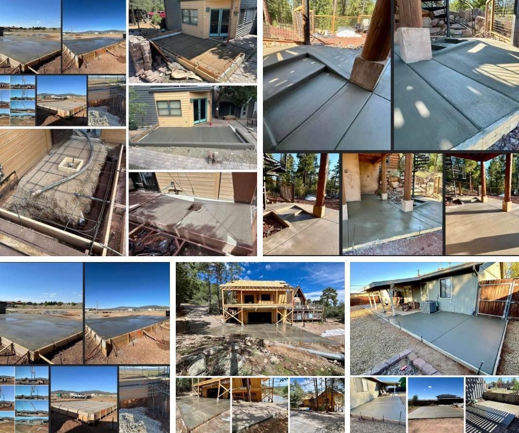 Concrete work: various concrete projects including patios and foundations, in various settings.