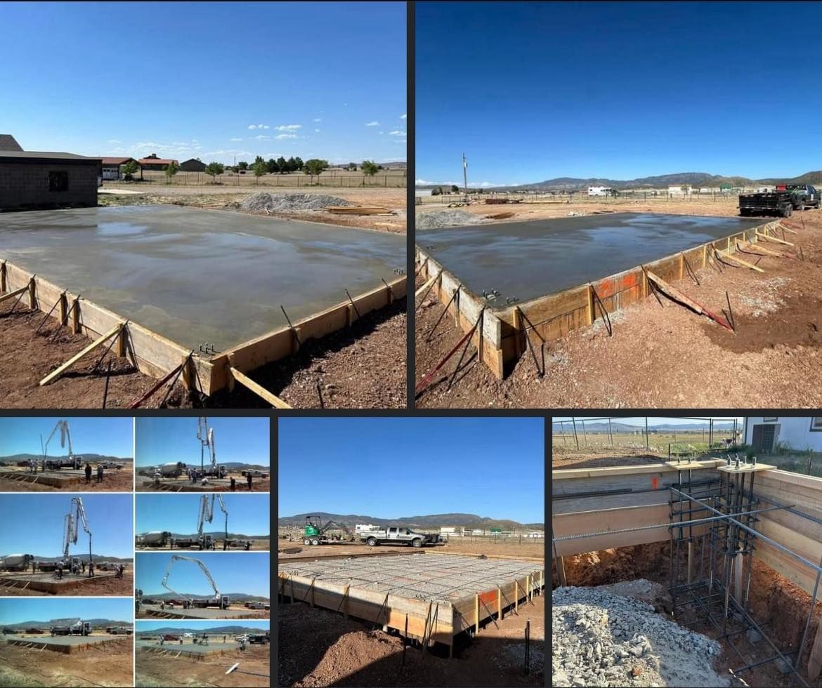 Concrete foundation being poured, various stages shown: framing, pouring, and completed. Construction site, outdoor.