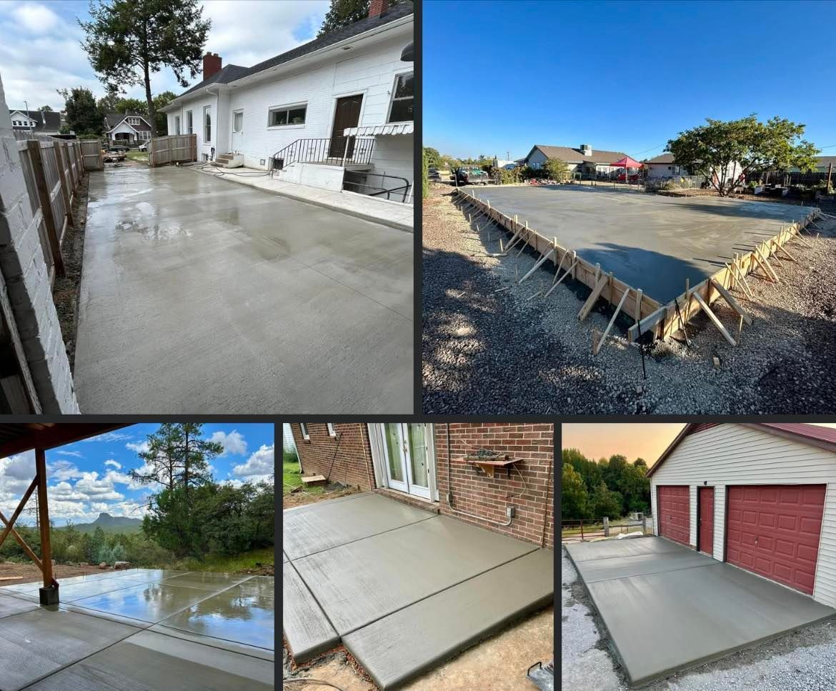 Concrete surfaces: driveways, patios, and a garage floor, all freshly poured, gray, and in various outdoor settings under blue skies.