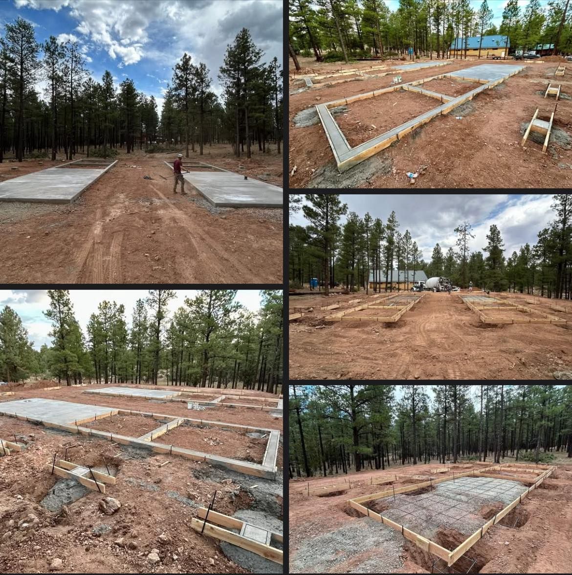Construction of concrete foundations in a wooded area; different stages of the building process.