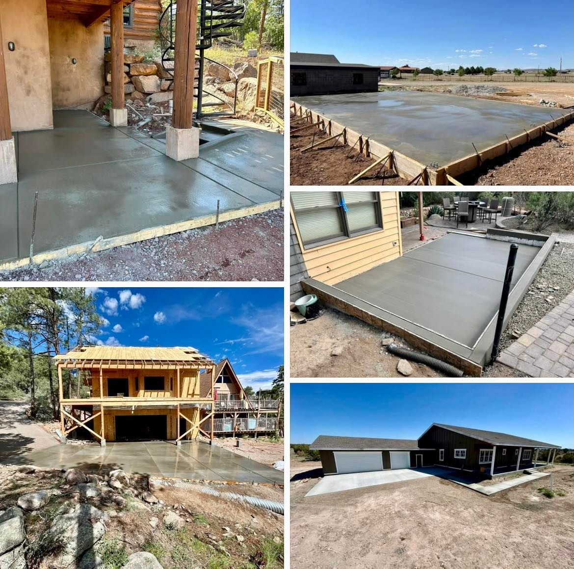 Collage of concrete pours: patios, garage floor, and house foundation under construction.