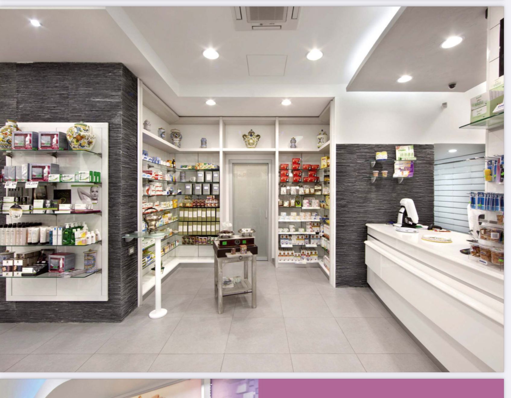 Farmacia con pavimento in pietra grigio chiaro