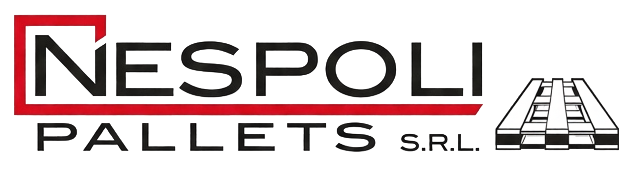 Logo per Nespoli Pallets SRL con il nome dell'azienda, l'illustrazione di un pallet e dettagli rossi.