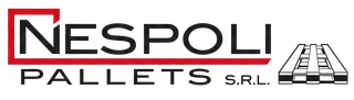 Logo per Nespoli Pallets SRL con il nome dell'azienda, l'illustrazione di un pallet e dettagli rossi.