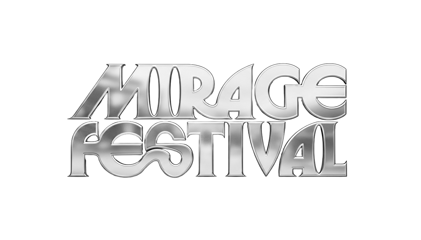 Mirage Festival logo in metallic silver text on a white background