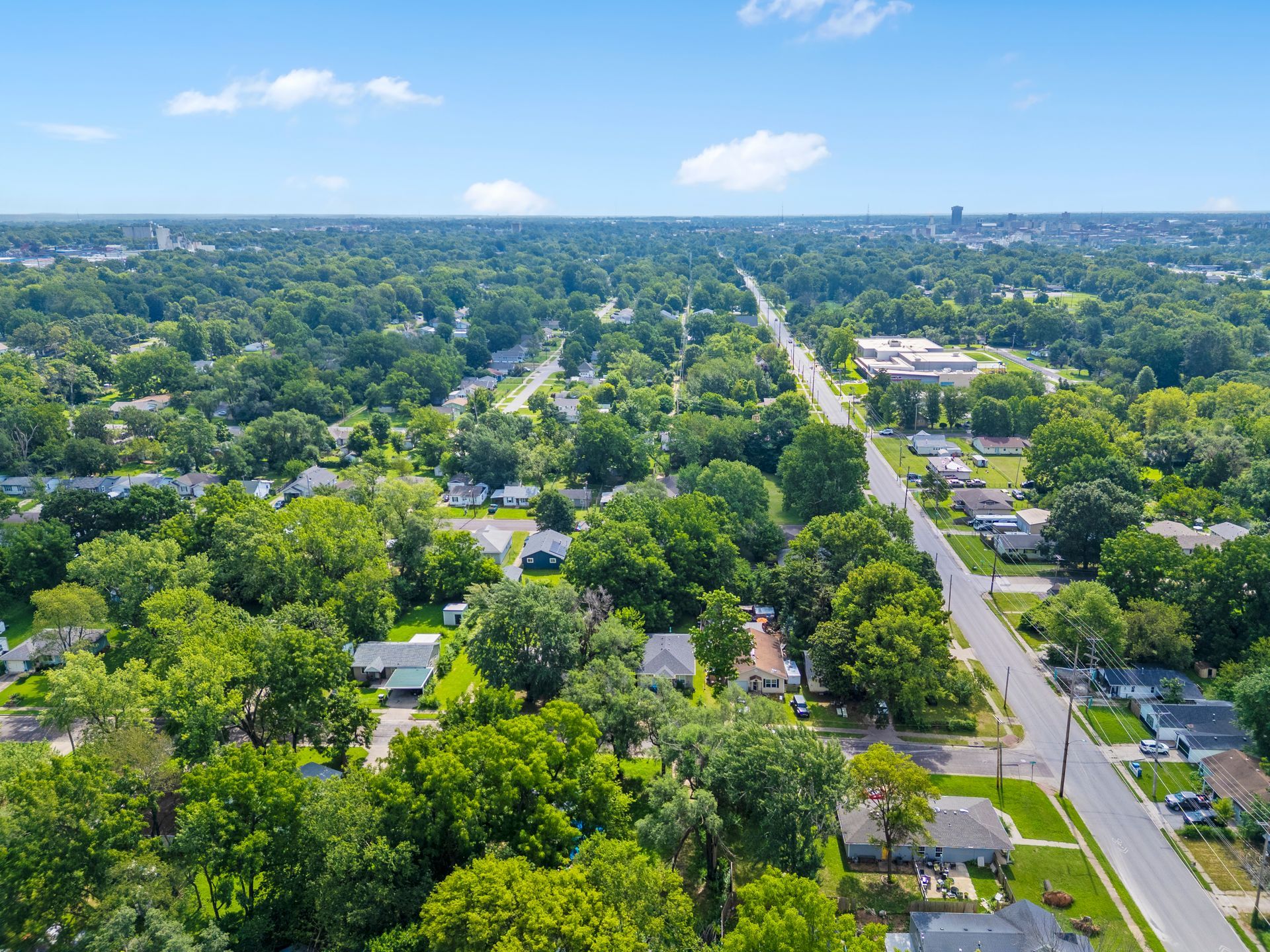 Aerial view of a tree-lined neighborhood with a road running through it on a sunny day.