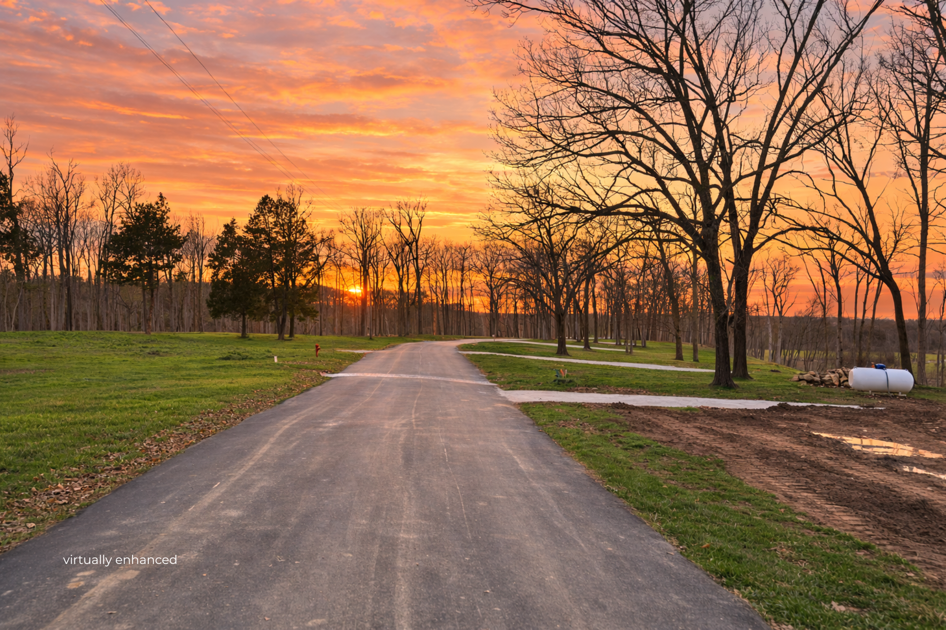 Sunset view from paved road overlooking bare trees in a neighborhood