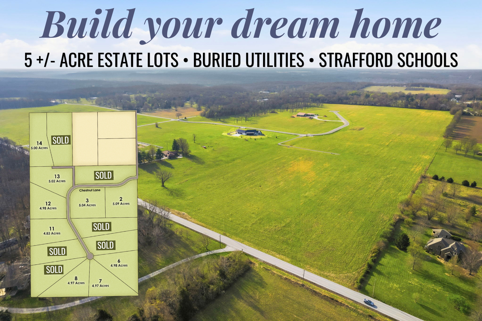 Stone house with curved driveway and green lawn, trees surround the property.