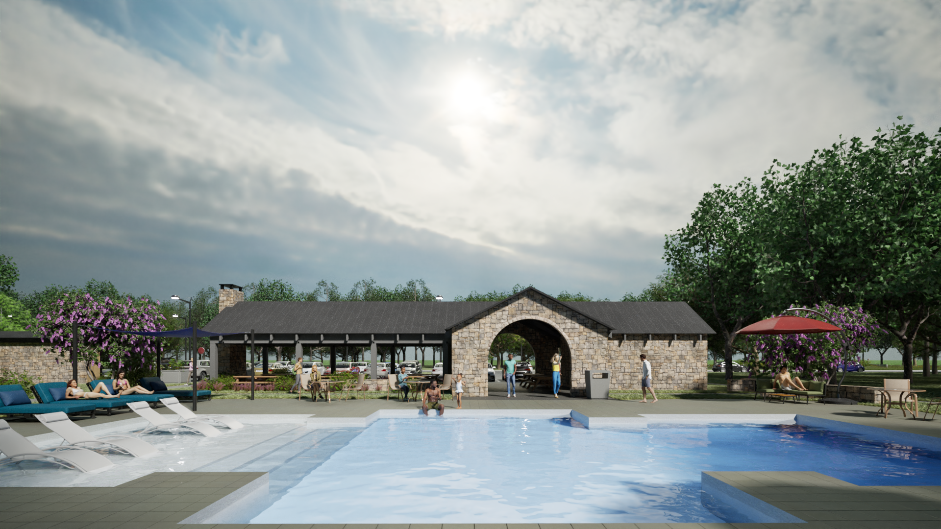 Pool area with stone building, cloudy sky, people swimming and relaxing on lounge chairs.