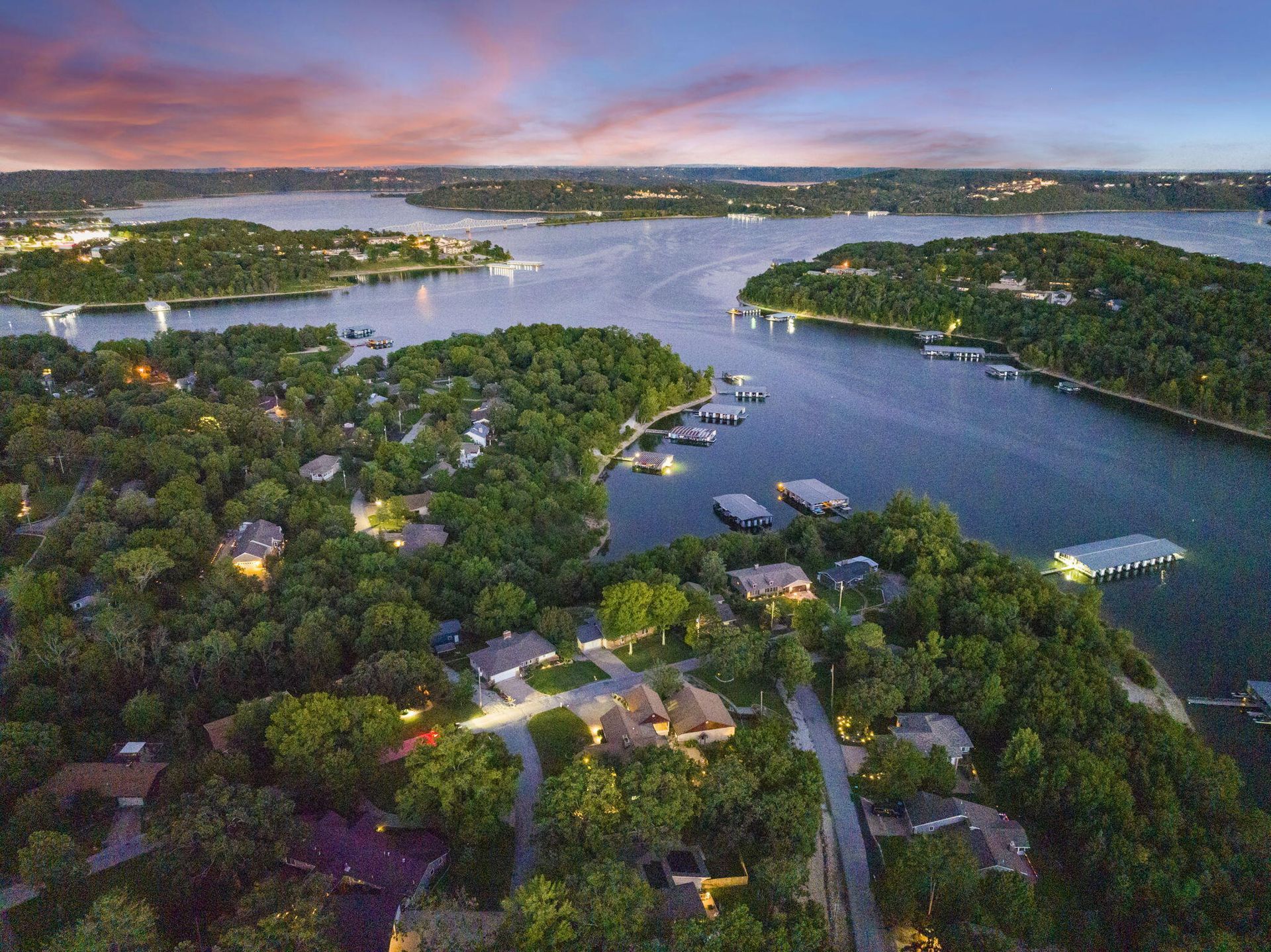 Table Rock Lake waterfront homes at sunset near Blue Eye and Shell Knob Missouri