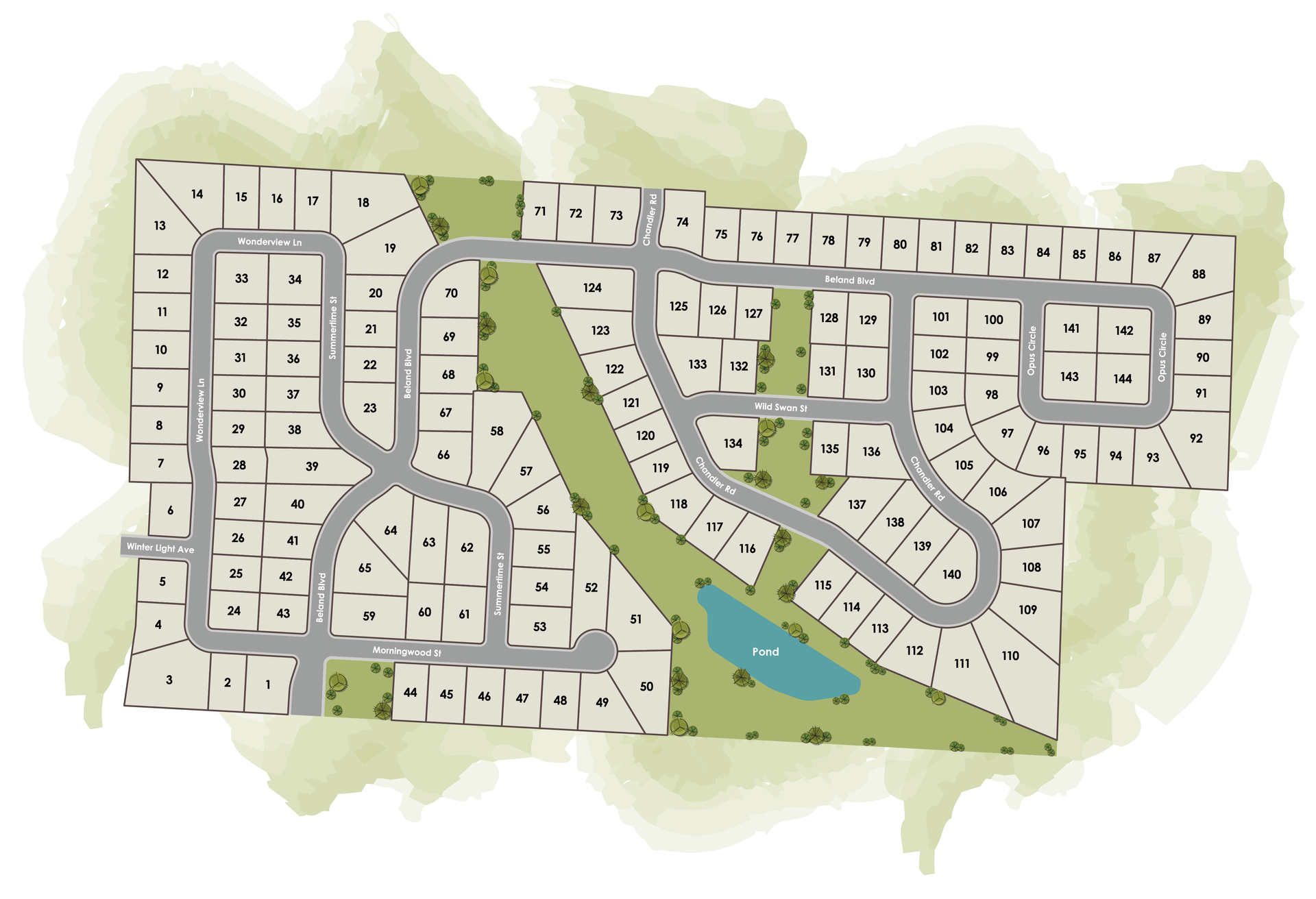 Aerial view of a community center with parking, pool, pickleball court, putting green, and surrounding trees.
