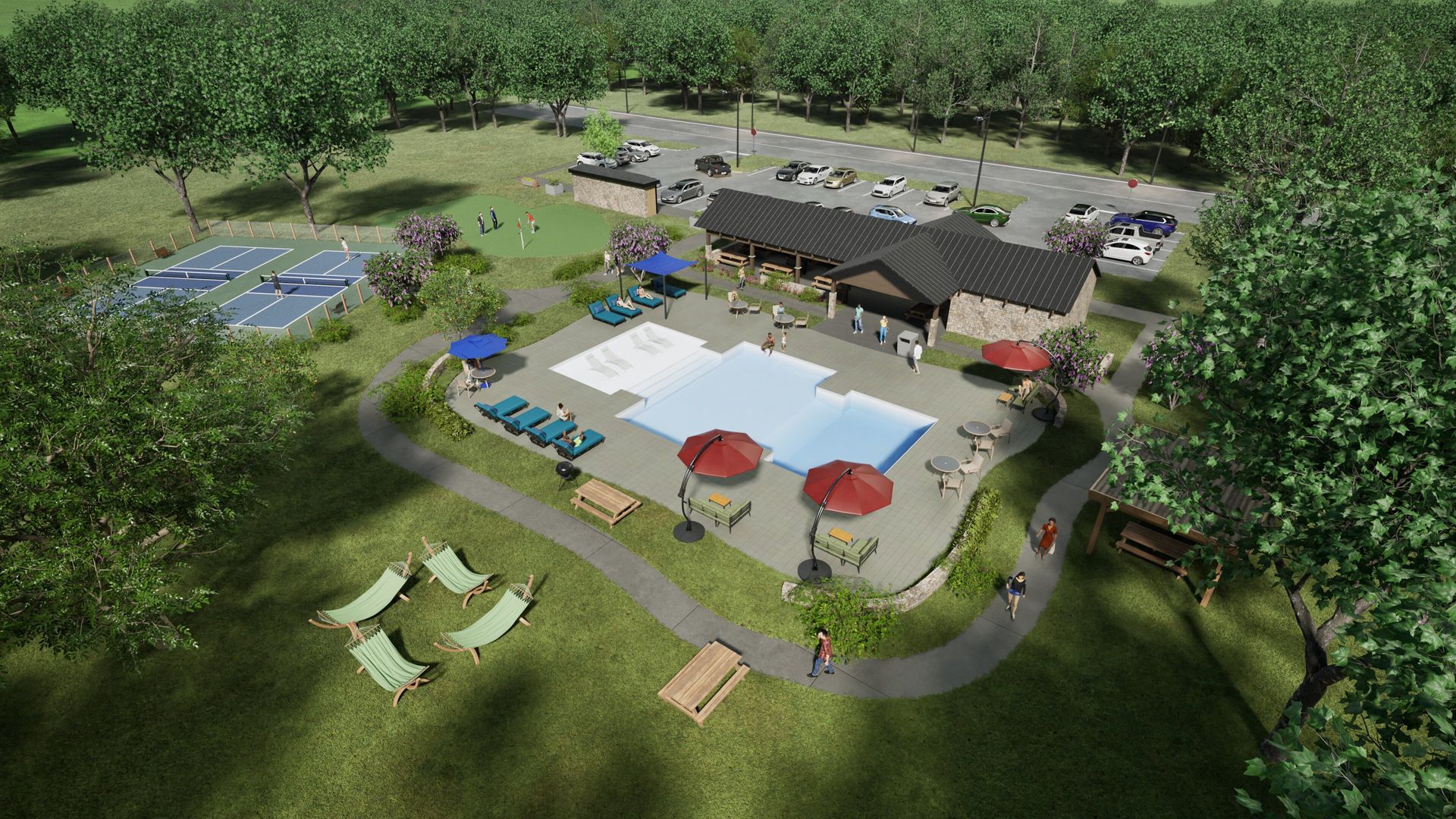 Swimming pool with stone building, people swimming and lounging on a sunny day.