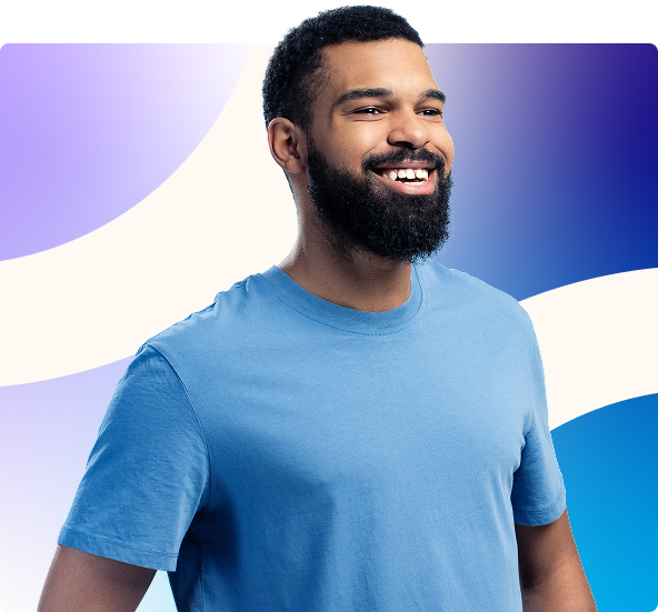 Smiling man in a blue T-shirt against a white background with purple and blue abstract shapes