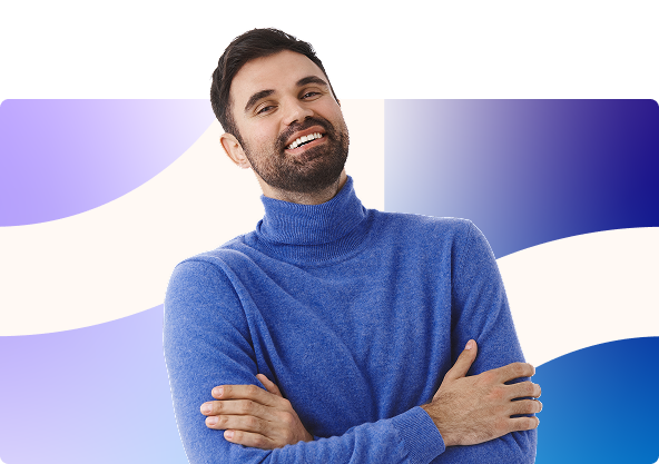 Smiling man in a blue turtleneck with arms crossed against a purple and blue gradient background