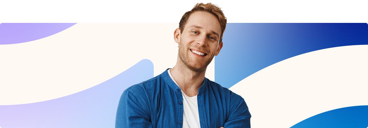 Smiling person in blue shirt against a white background with blue and purple curved accents