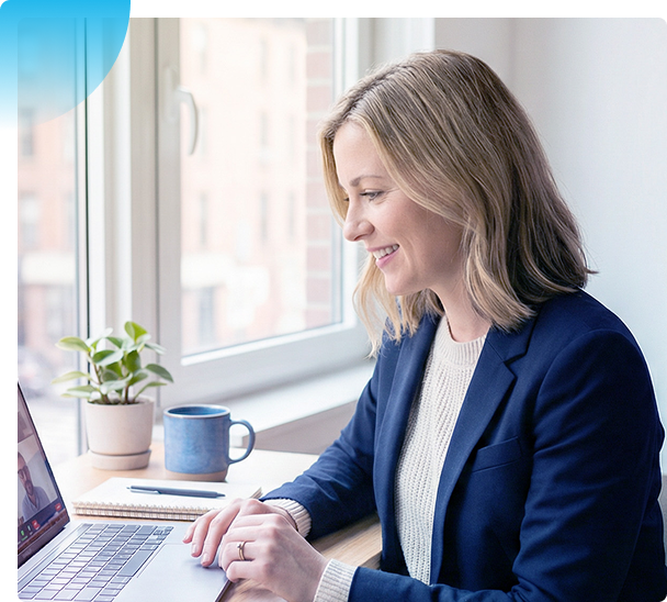 Woman smiling at a laptop by a bright window, with a mug and small plant on the desk.