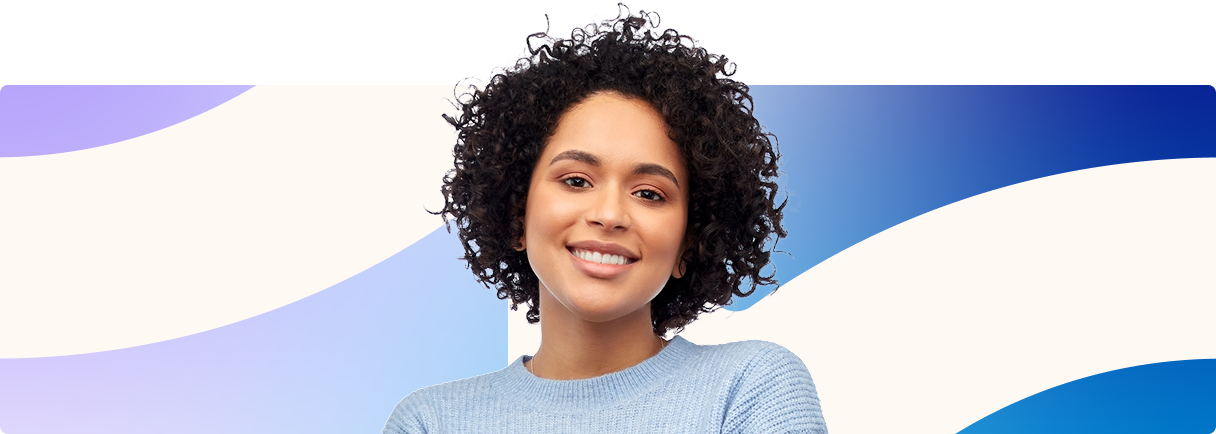Smiling person with curly hair against a white background with purple and blue wave accents