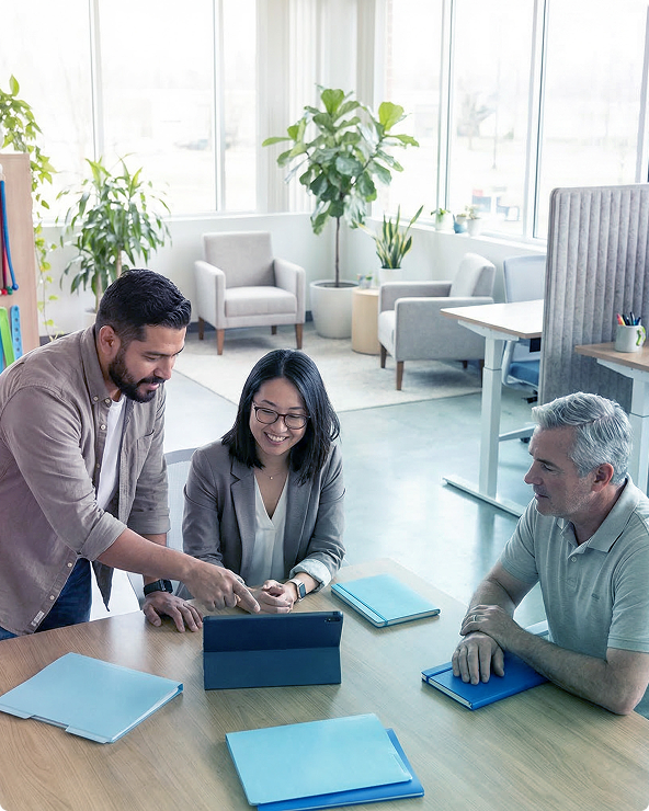 Three coworkers review documents at a table in a bright office lounge
