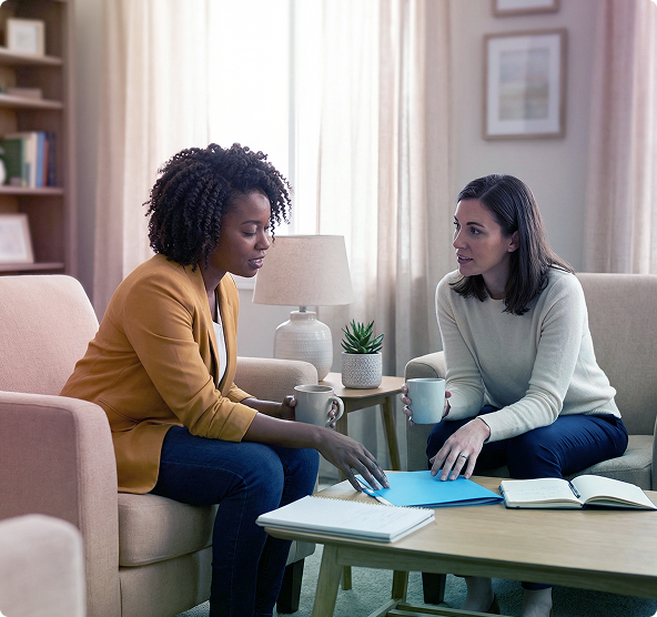 Two women in a living room discussing papers at a coffee table
