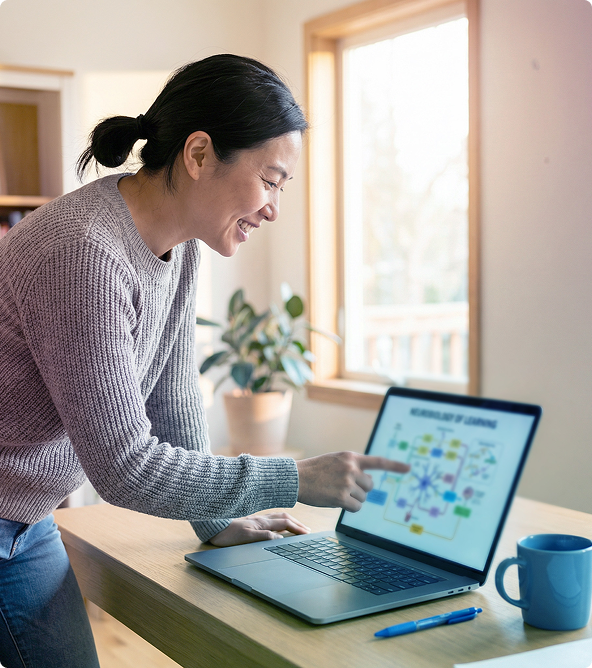 Person leaning over a laptop and pointing at the screen on a bright desk with a mug and pen.