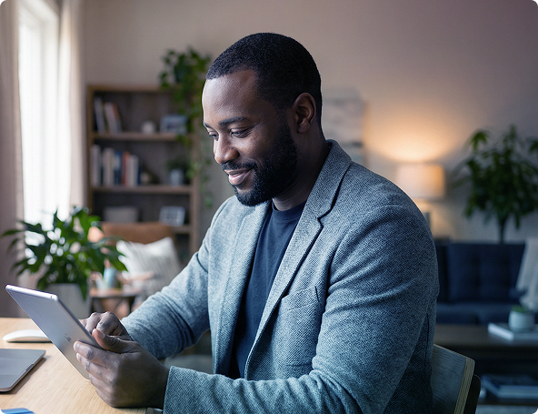 Man smiling at a tablet in a cozy home office with plants and a lamp in the background