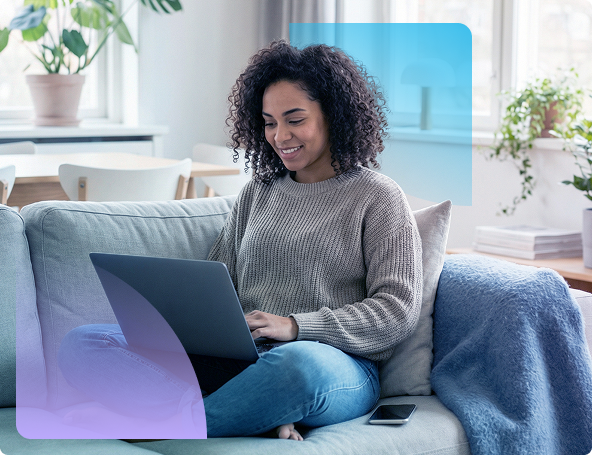 Woman using a laptop on a couch in a bright living room with blue and purple translucent overlays.