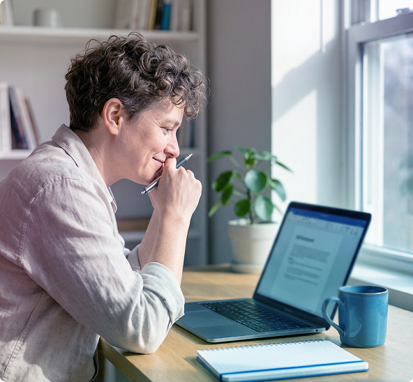 Woman working at a laptop beside a blue mug and notebook in a bright home office