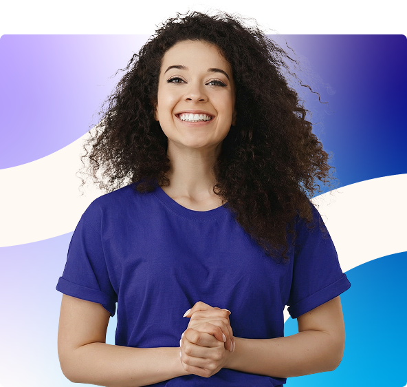 Smiling person in a blue shirt against a purple and blue abstract background