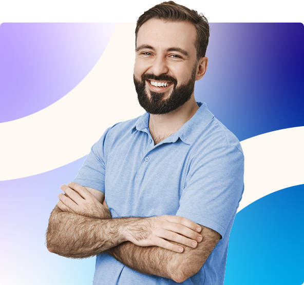 Smiling bearded man in a light blue shirt with arms crossed against a blue and white abstract background