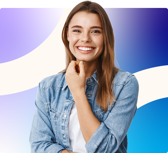 Smiling woman in a denim shirt against a purple and blue abstract background