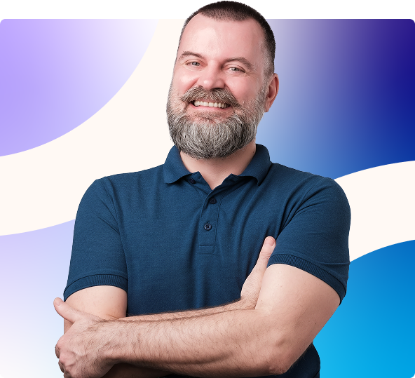 Smiling man in a blue polo with arms crossed against a purple-to-blue abstract background