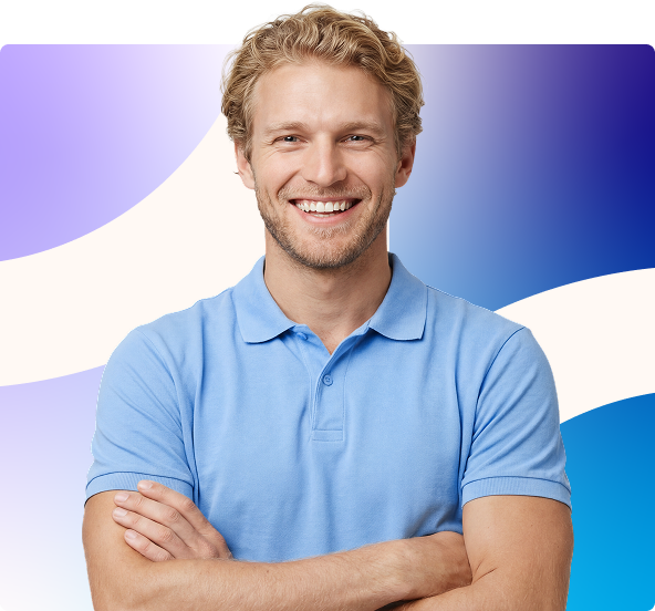 Smiling man in a light blue polo shirt with folded arms against a purple and blue abstract background