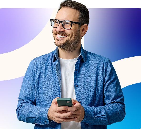 Smiling man in glasses holding a smartphone against a blue-purple gradient background