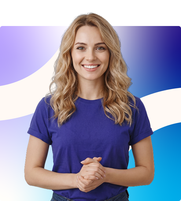 Smiling woman in a purple shirt with hands clasped against a blue and white abstract background