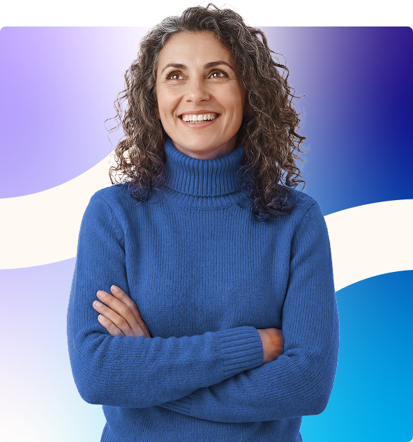 Smiling person in a blue turtleneck with arms crossed against a purple and blue abstract background