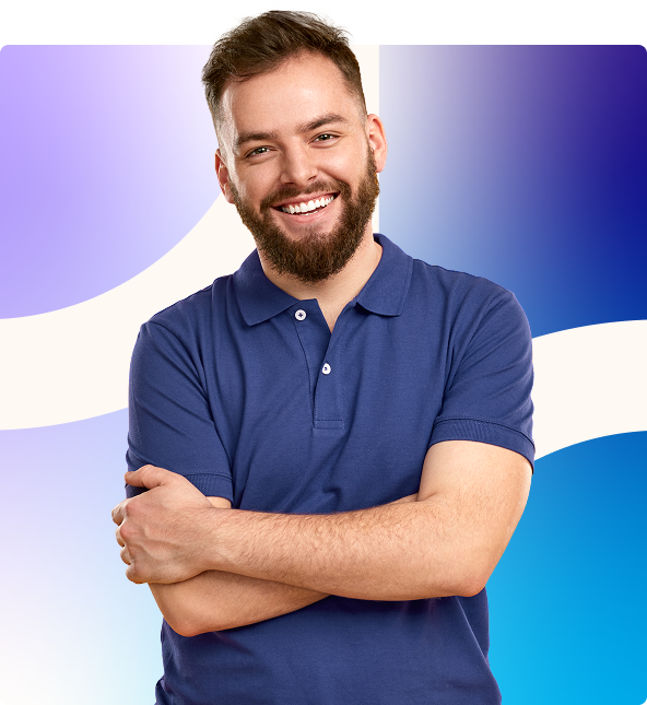 Smiling man in a blue polo shirt with arms crossed against a blue and white gradient background