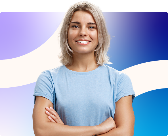 Smiling person in a light blue shirt with arms crossed against a purple and blue gradient background