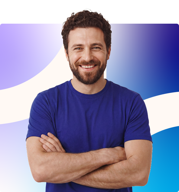 Smiling woman in a bright blue blouse against a white and purple wavy background