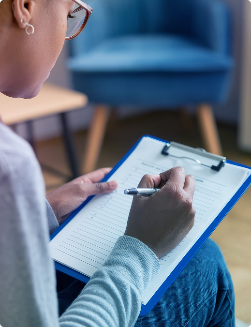Person writing on a clipboard in a living room with a blue chair in the background